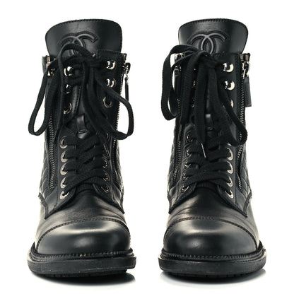 Chanel Calfskin Quilted Lace Up Combat Boots 36.5 Black 2 of 10