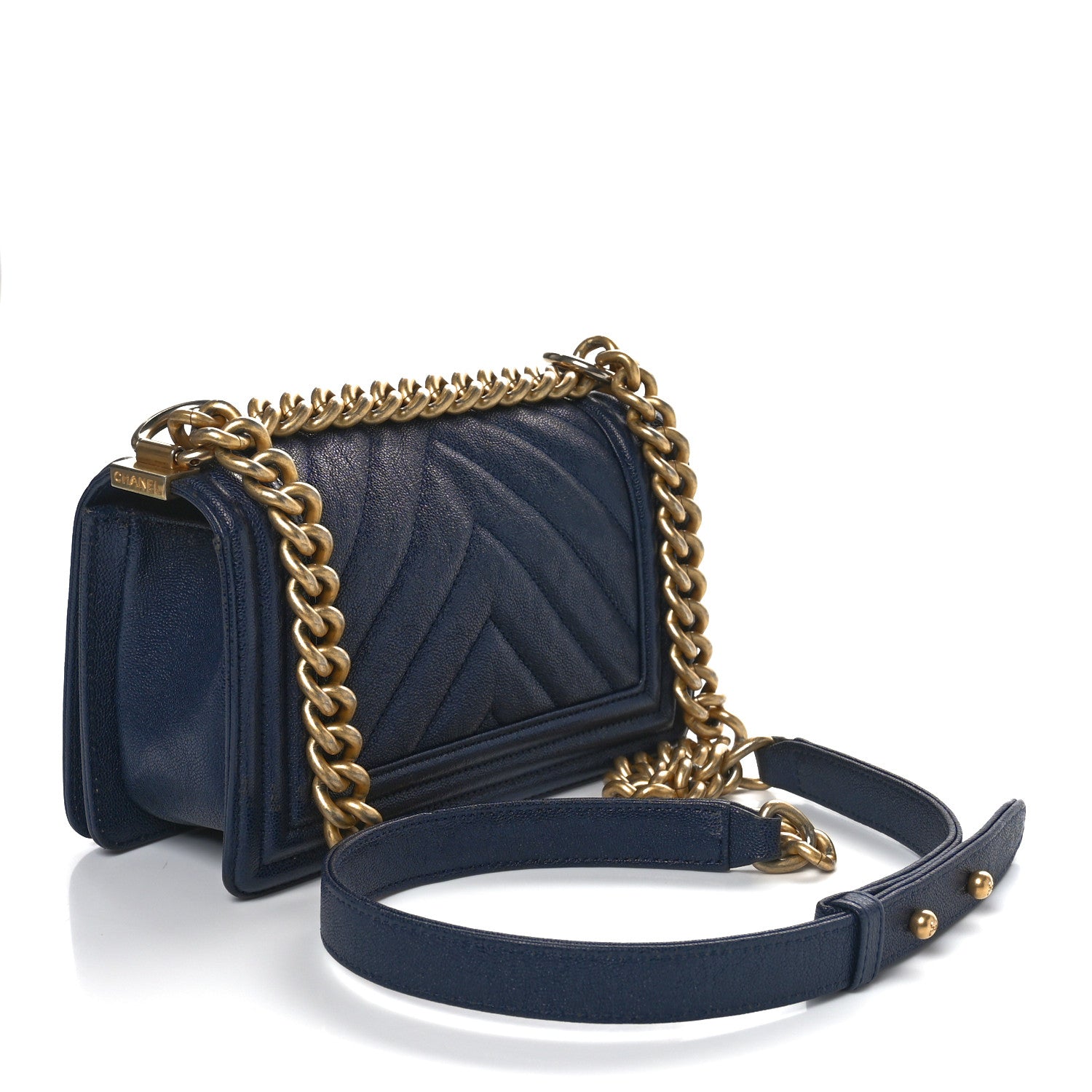 Chanel Caviar Chevron Quilted Small Boy Flap Navy Blue 2 of 11
