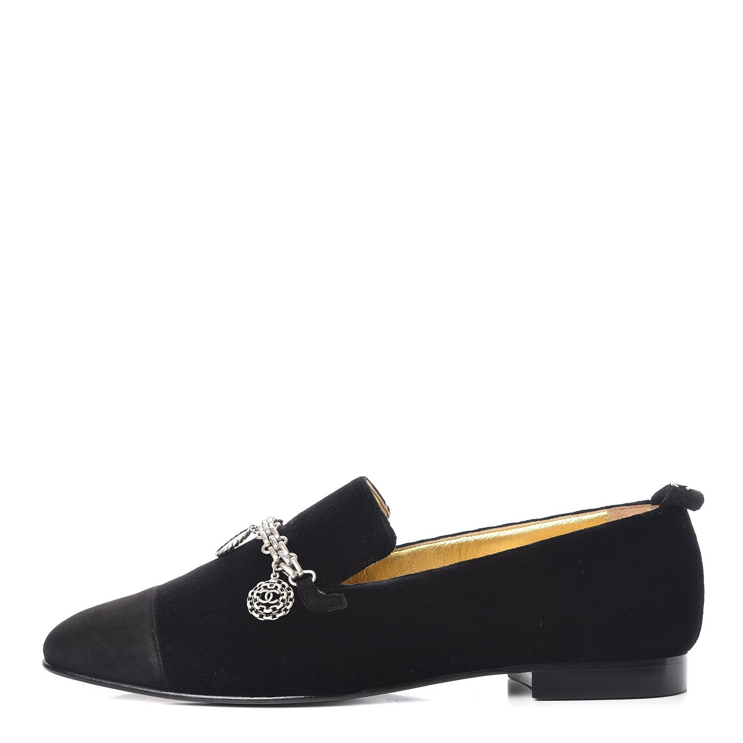 Chanel Velvet Suede Cap Toe Chain Moccasin Loafers 39 Black 1 of 9