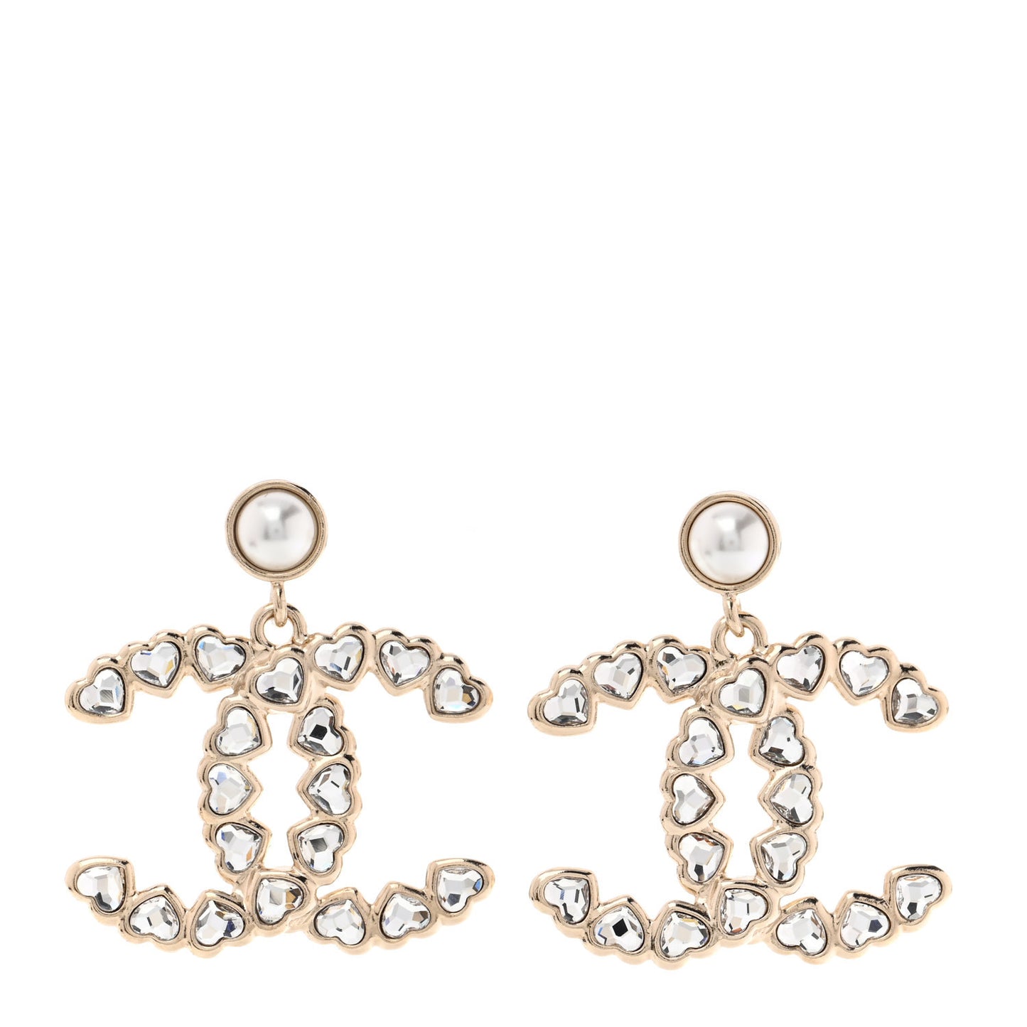 Pearl Crystal Heart CC Drop Earrings Gold