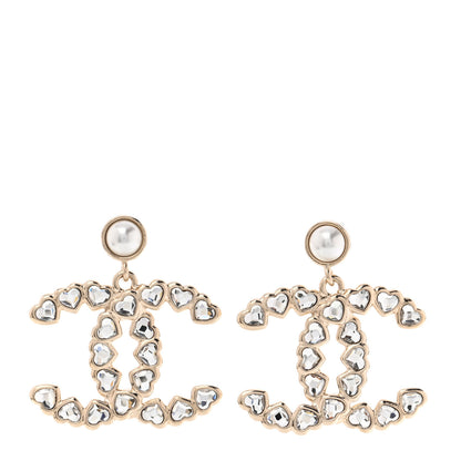 Chanel Pearl Crystal Heart CC Drop Earrings Gold 1 of 5