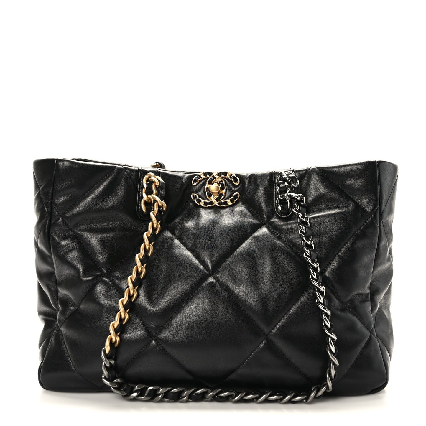 Lambskin Quilted Chanel 19 East West Shopping Bag Black