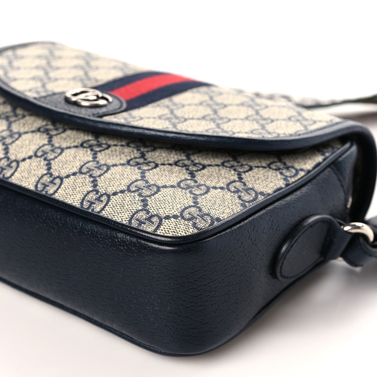 Gucci GG Supreme Monogram Textured Dollar Calfskin Web Studded Mini Ophidia Flap Shoulder Bag Beige Blue 9 of 9