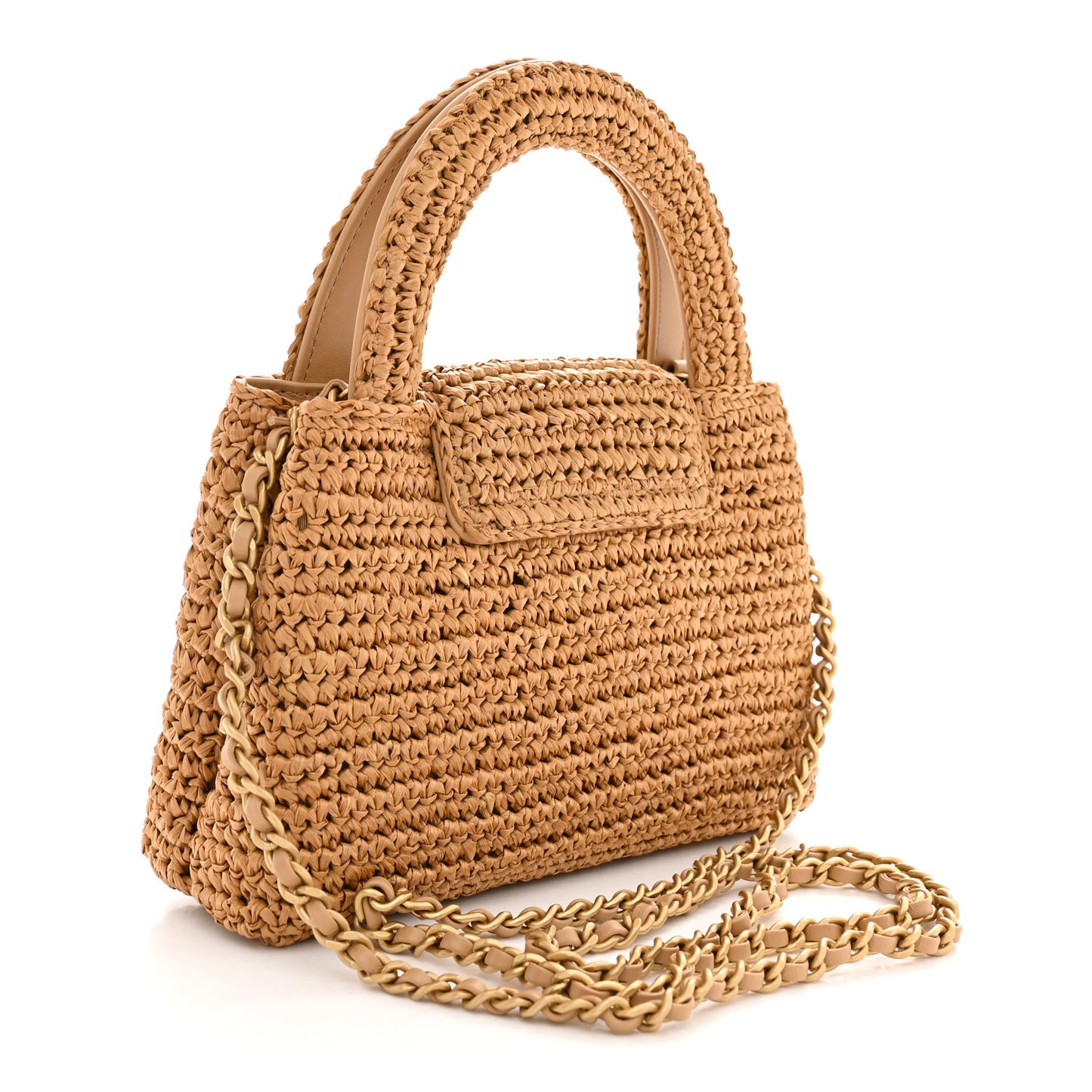 Braided Raffia Nano Kelly Flap Bag Dark Beige