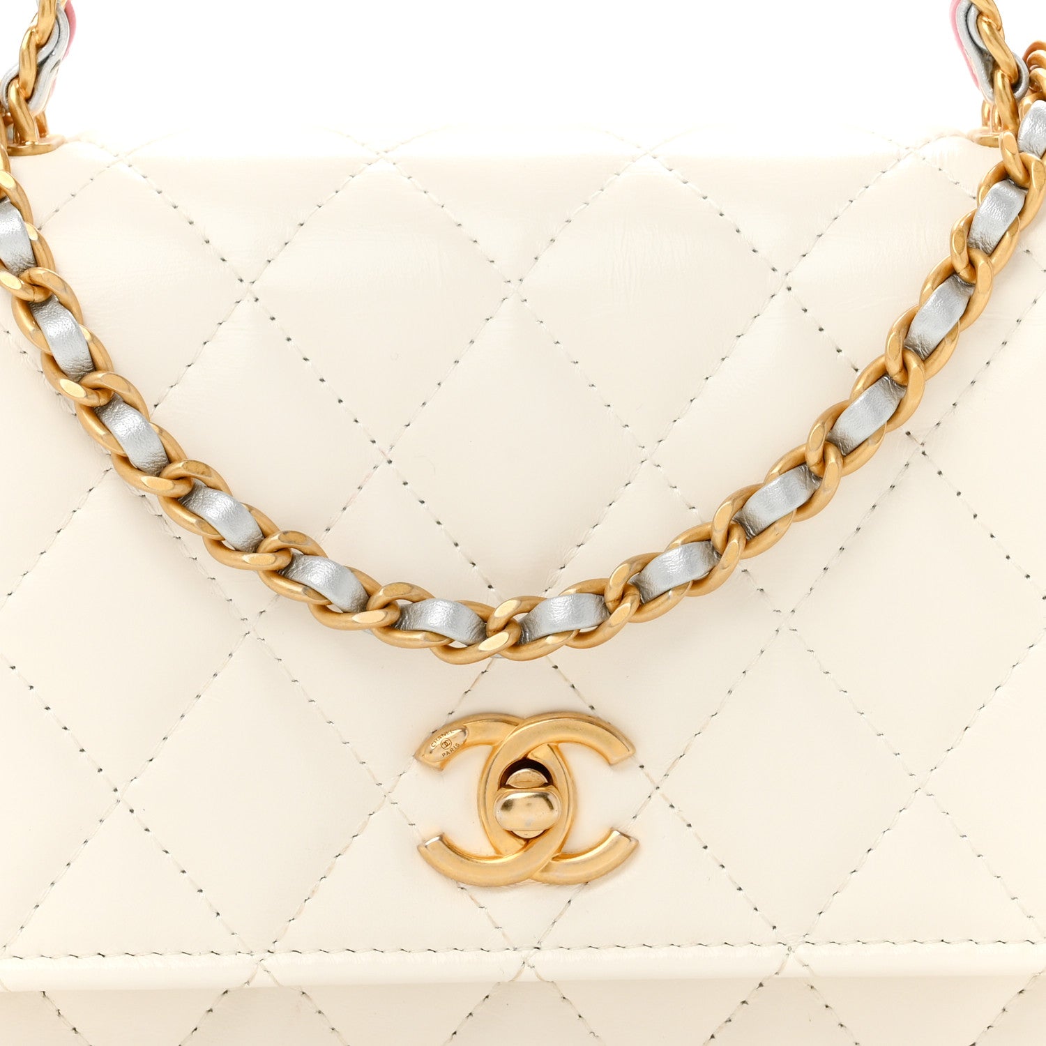 Chanel Shiny Calfskin Quilted Multicolor Top Handle Wallet On Chain WOC  White 9 of 15