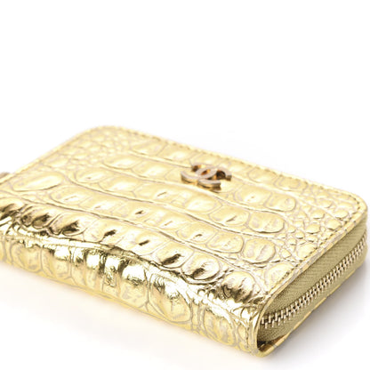 Chanel Metallic Calfskin Crocodile Embossed Cocodile Zip Coin Case Gold 6 of 10