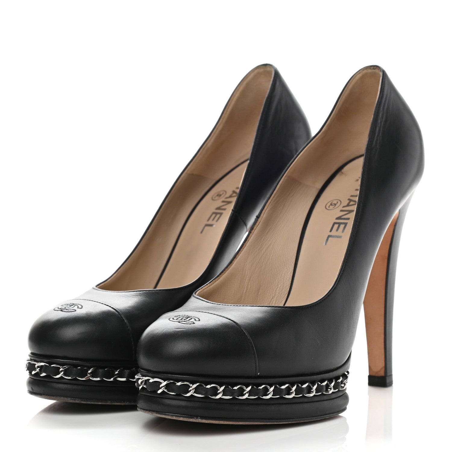 Chanel Calfskin CC Cap Toe Platform Chain Pumps 39 Black 3 of 9