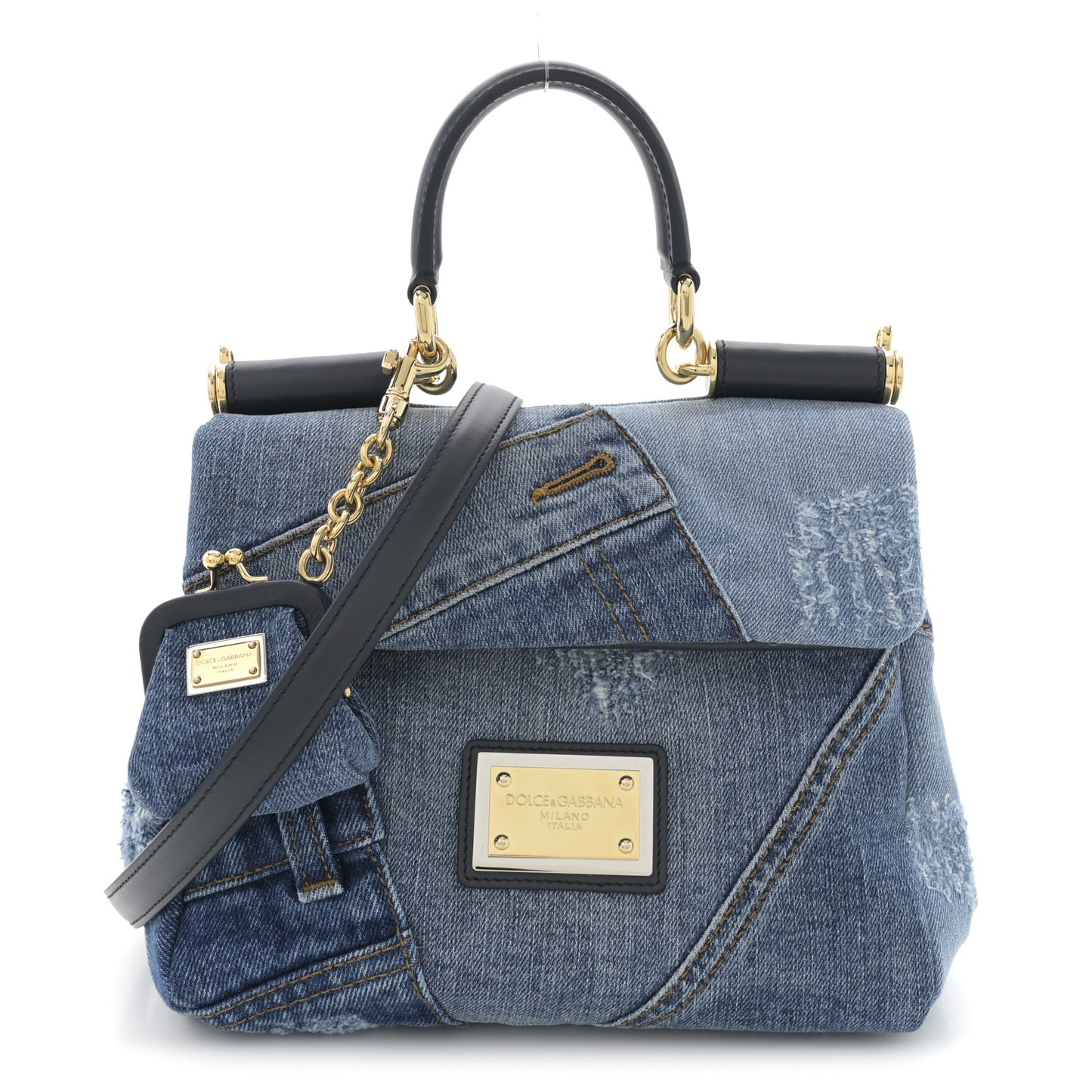 Calfskin Denim Patchwork Mini Miss Sicily Satchel Blue