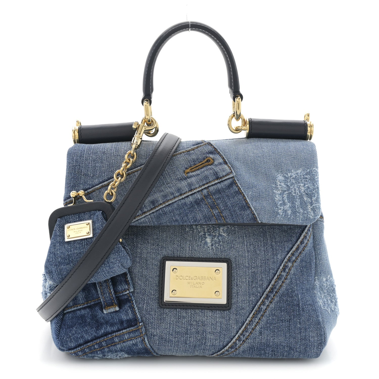Dolce & Gabbana Calfskin Denim Patchwork Mini Miss Sicily Satchel Blue 1 of 9