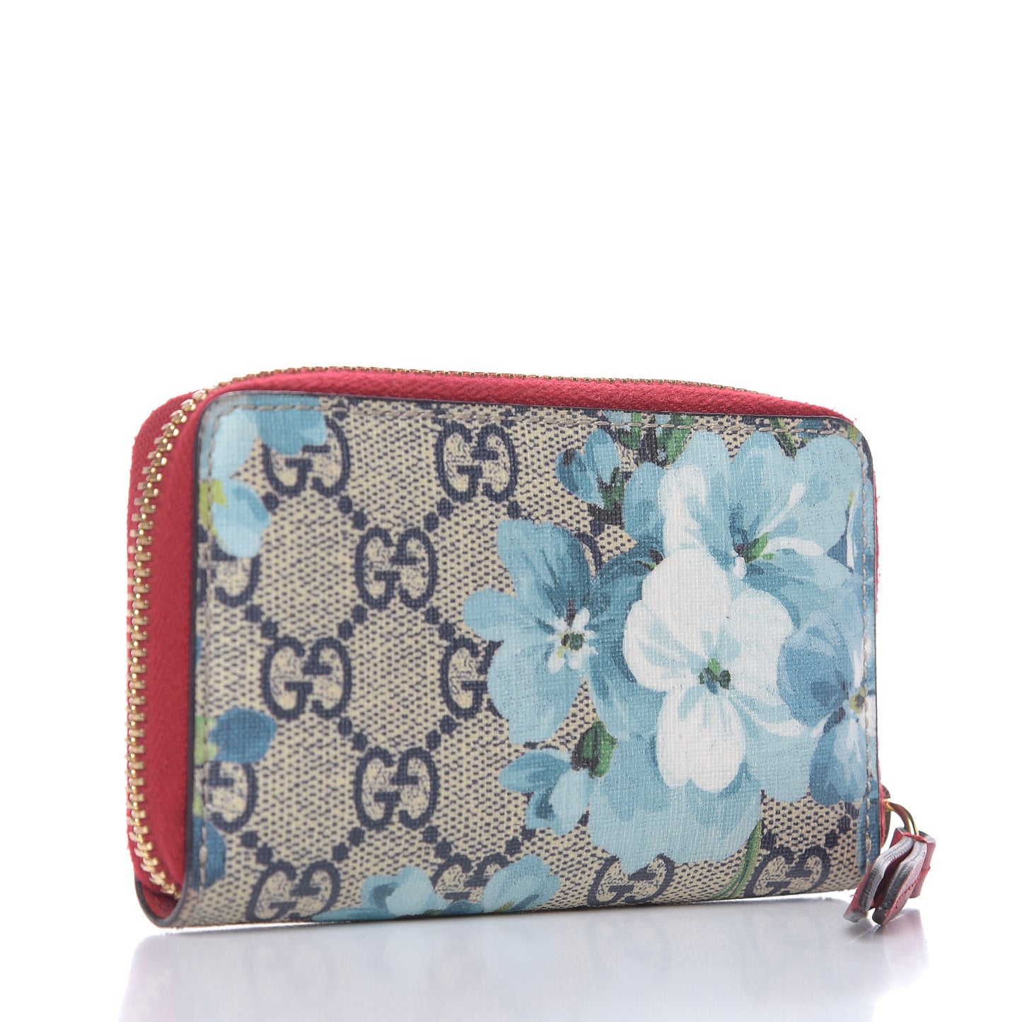 GG Supreme Monogram Blooms Zip Around Card Case Wallet Beige Blue Navy Hibiscus Red