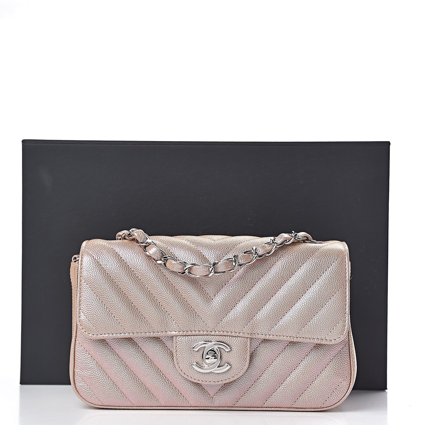 Iridescent Caviar Chevron Quilted Mini Rectangular Flap Light Gold