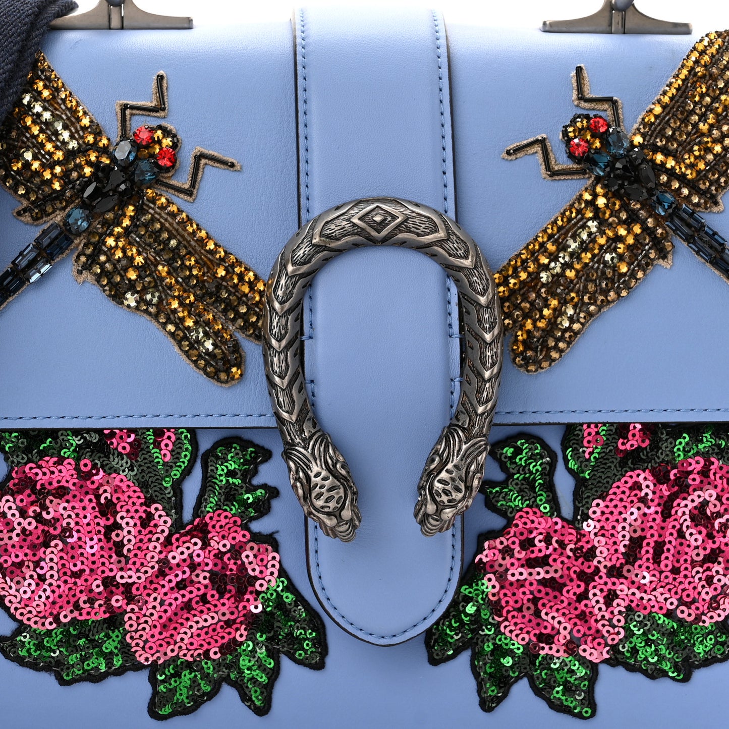 Calfskin Bamboo Web Embroidered Medium Dionysus Top Handle Bag Light Blue