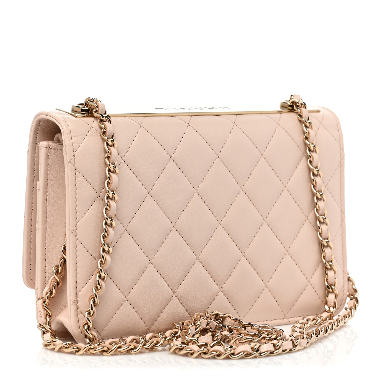 Lambskin Quilted Trendy CC Wallet On Chain WOC Light Beige
