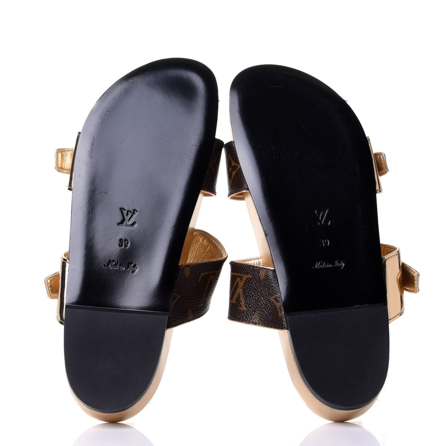 Patent Calfskin Monogram Bom Dia Mule Sandals 39 Gold