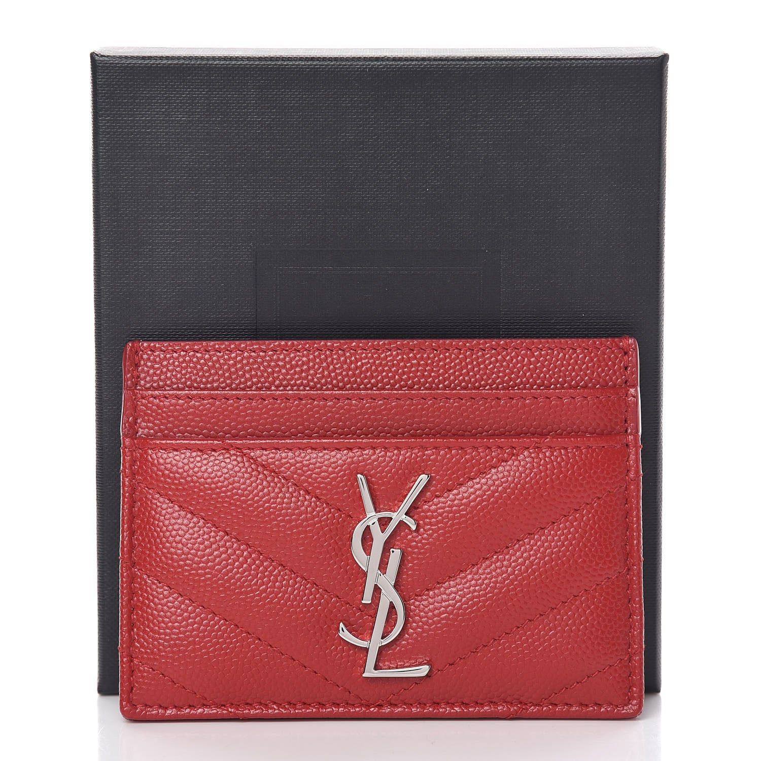 Saint Laurent Grain De Poudre Matelasse Chevron Monogram Credit Card Case Rouge Eros 12 of 12