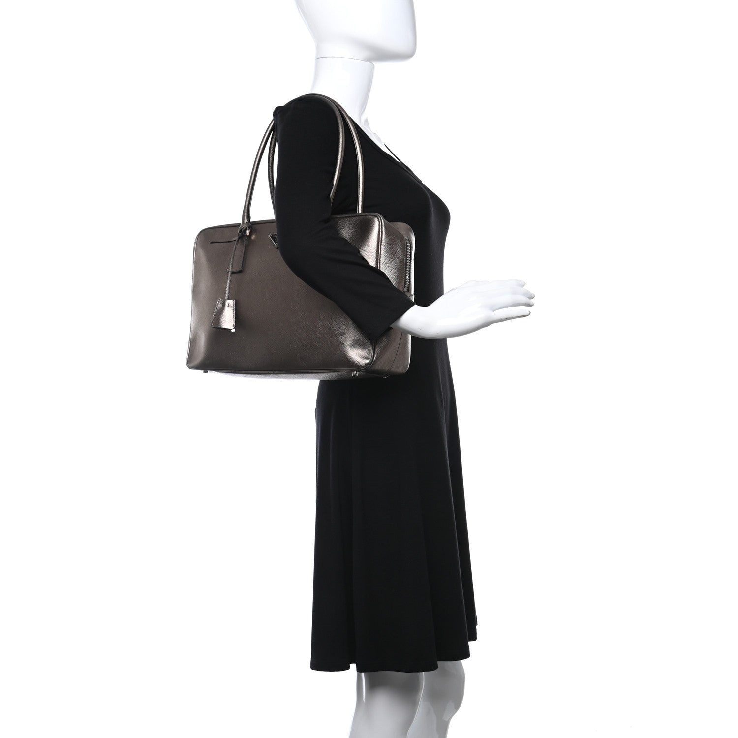 Prada Metallic Saffiano Lux Bowler Pirite 2 of 18