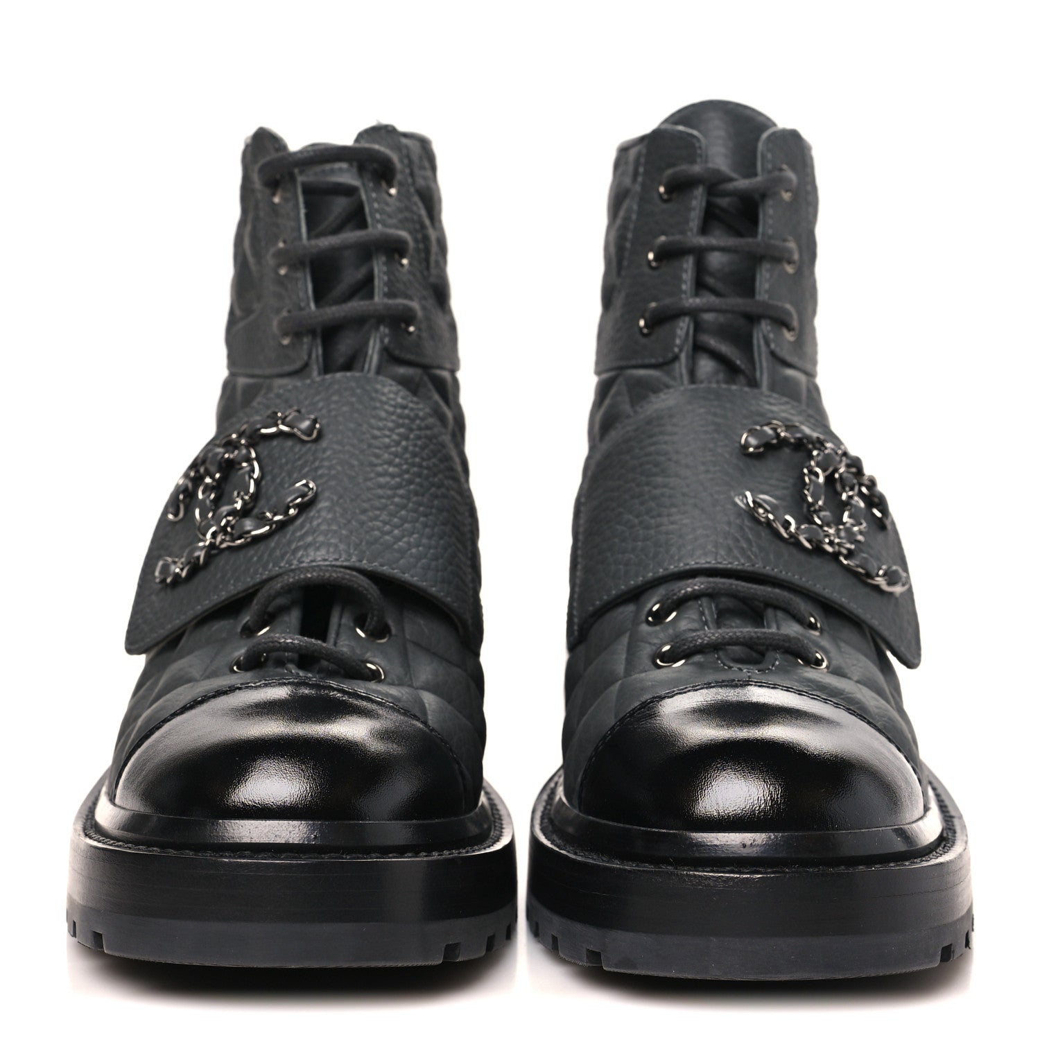 Chanel Calfskin Shiny Calfskin Quilted Lace Up Combat Boots 36 Dark Grey Black 3 of 11