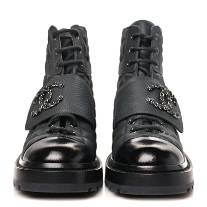 Chanel Calfskin Shiny Calfskin Quilted Lace Up Combat Boots 36 Dark Grey Black 3 of 11