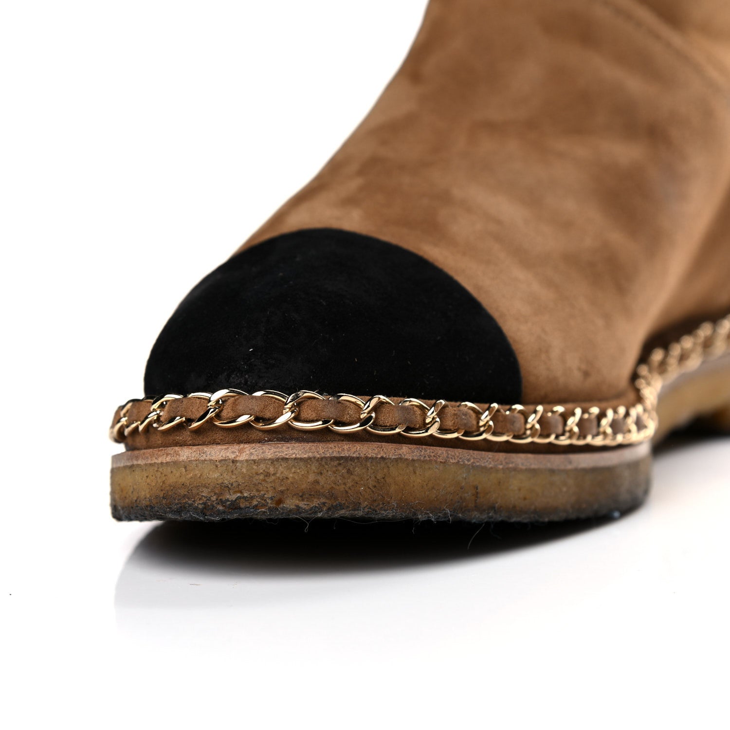 Chanel Kid Suede Shearling Womens Cap Toe Chain Short Boots 40.5 Light Brown Black 18 of 24