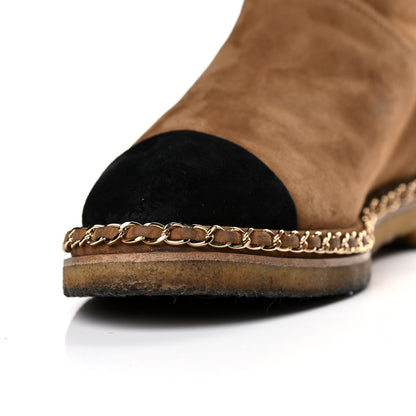 Chanel Kid Suede Shearling Womens Cap Toe Chain Short Boots 40.5 Light Brown Black 18 of 24