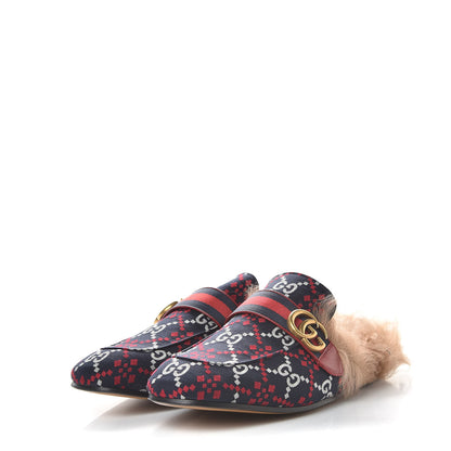 Gucci Canvas GG Monogram Diamond Fur Web GG Mens Princetown Slippers 11 Midnight Blue Hibiscus Red 2 of 10