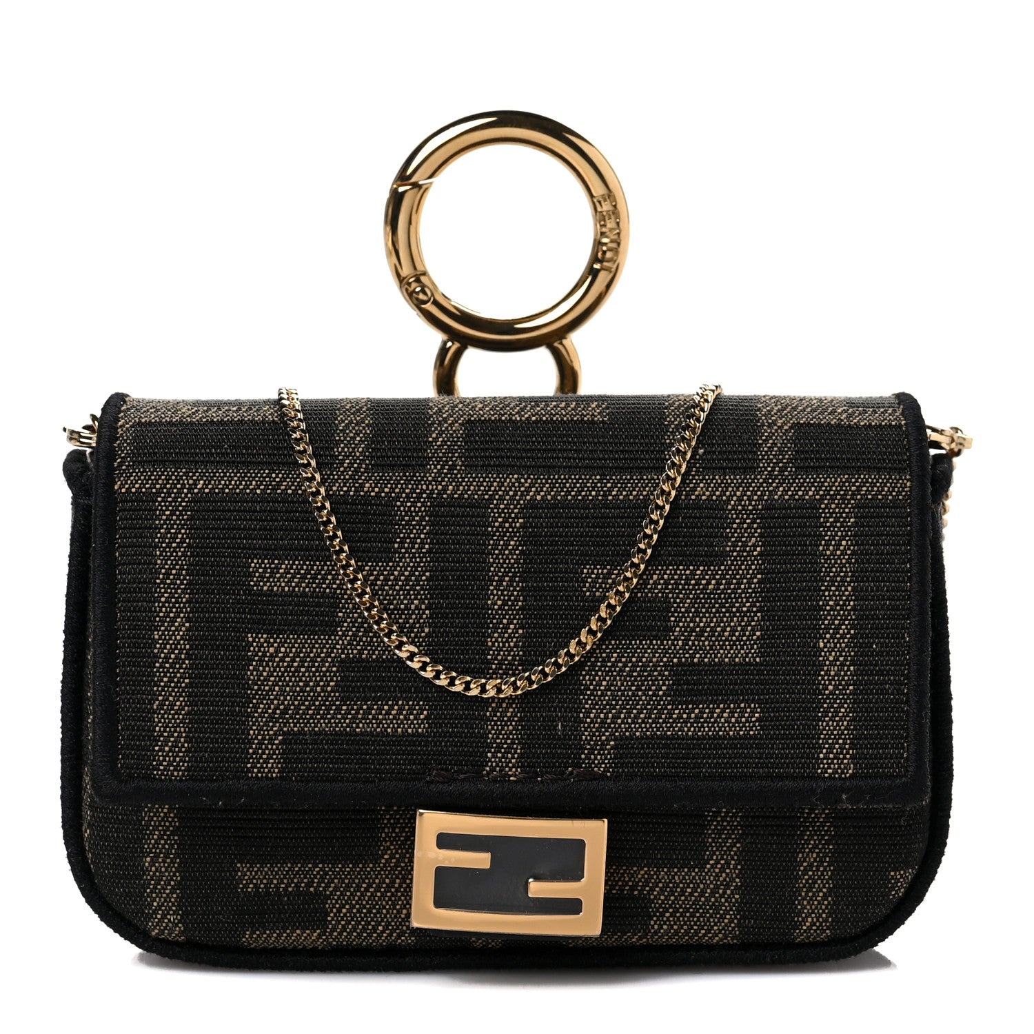 Fendi Fabric Jacquard FF 1974 Nano Baguette Charm Tobacco Moro Black 1 of 8