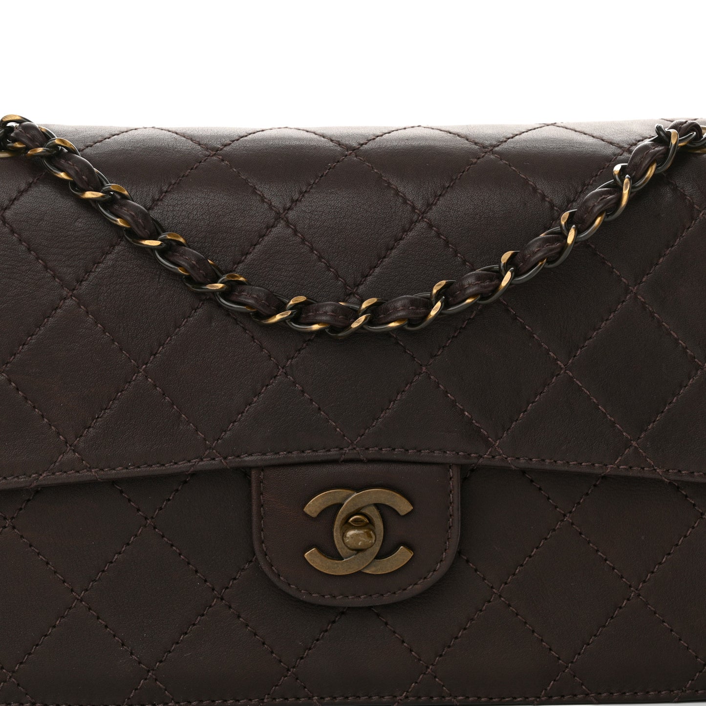 Lambskin Quilted Single Flap Dark Brown