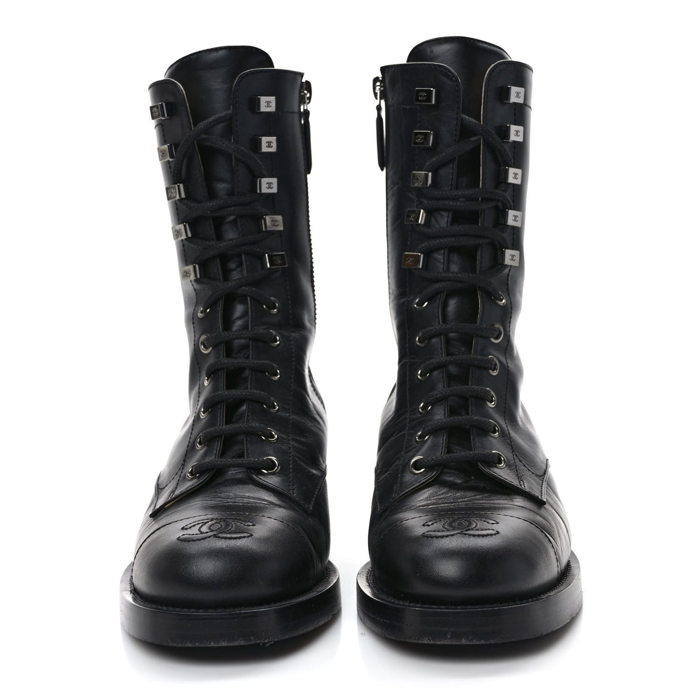 Crumpled Calfskin Lace Up Combat Boots 37 Black
