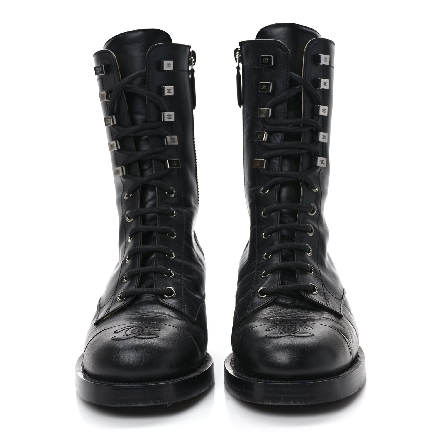 Chanel Crumpled Calfskin Lace Up Combat Boots 37 Black 2 of 10