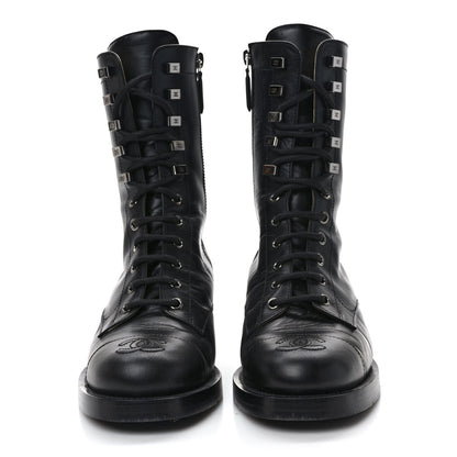 Chanel Crumpled Calfskin Lace Up Combat Boots 37 Black 2 of 10