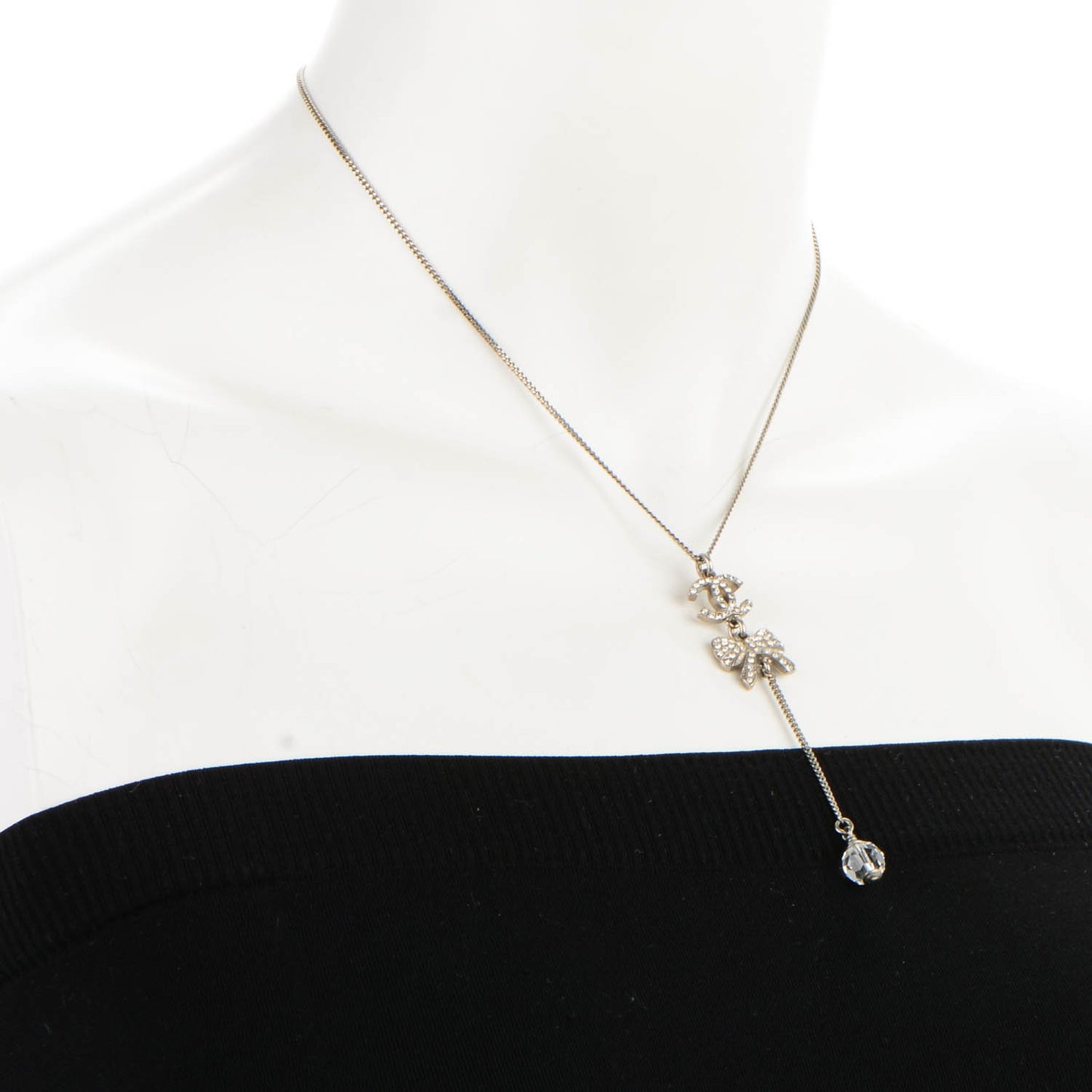 Crystal CC Bow Drop Necklace Silver