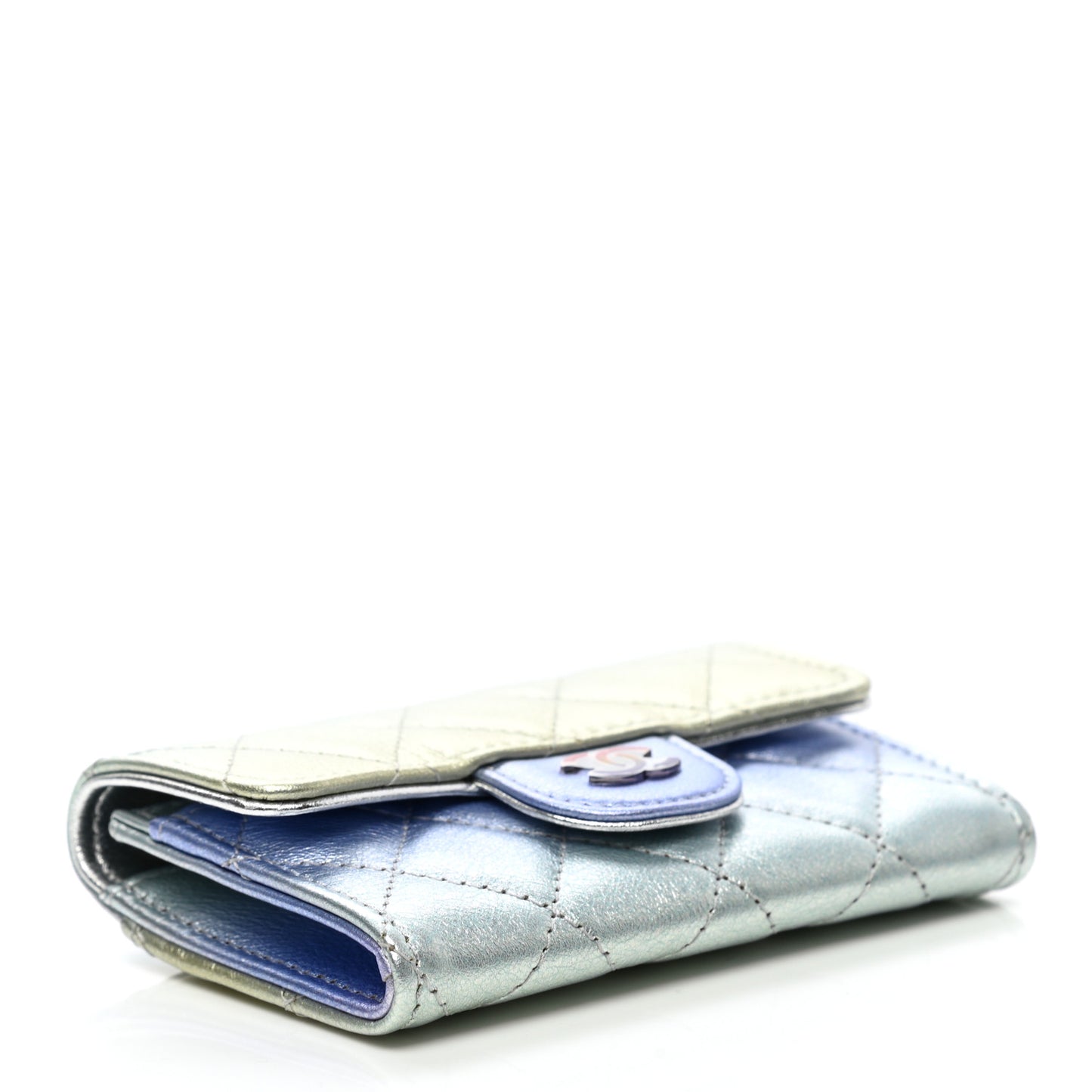 Gradient Metallic Calfskin Quilted Flap Card Holder Wallet Silver Blue Yellow Purple