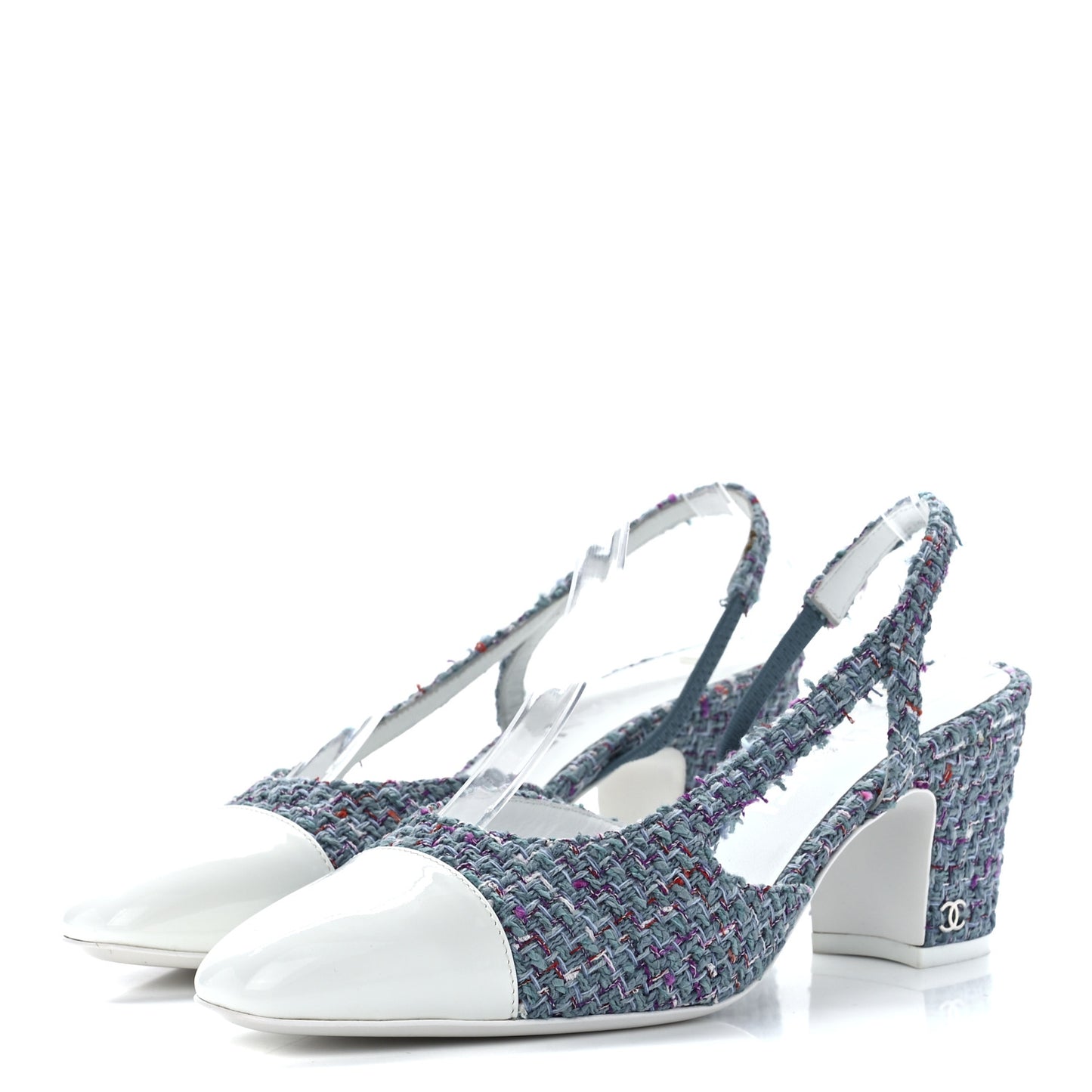 Tweed Patent Cap Toe CC Slingback Pumps 37.5 Turquoise Purple White