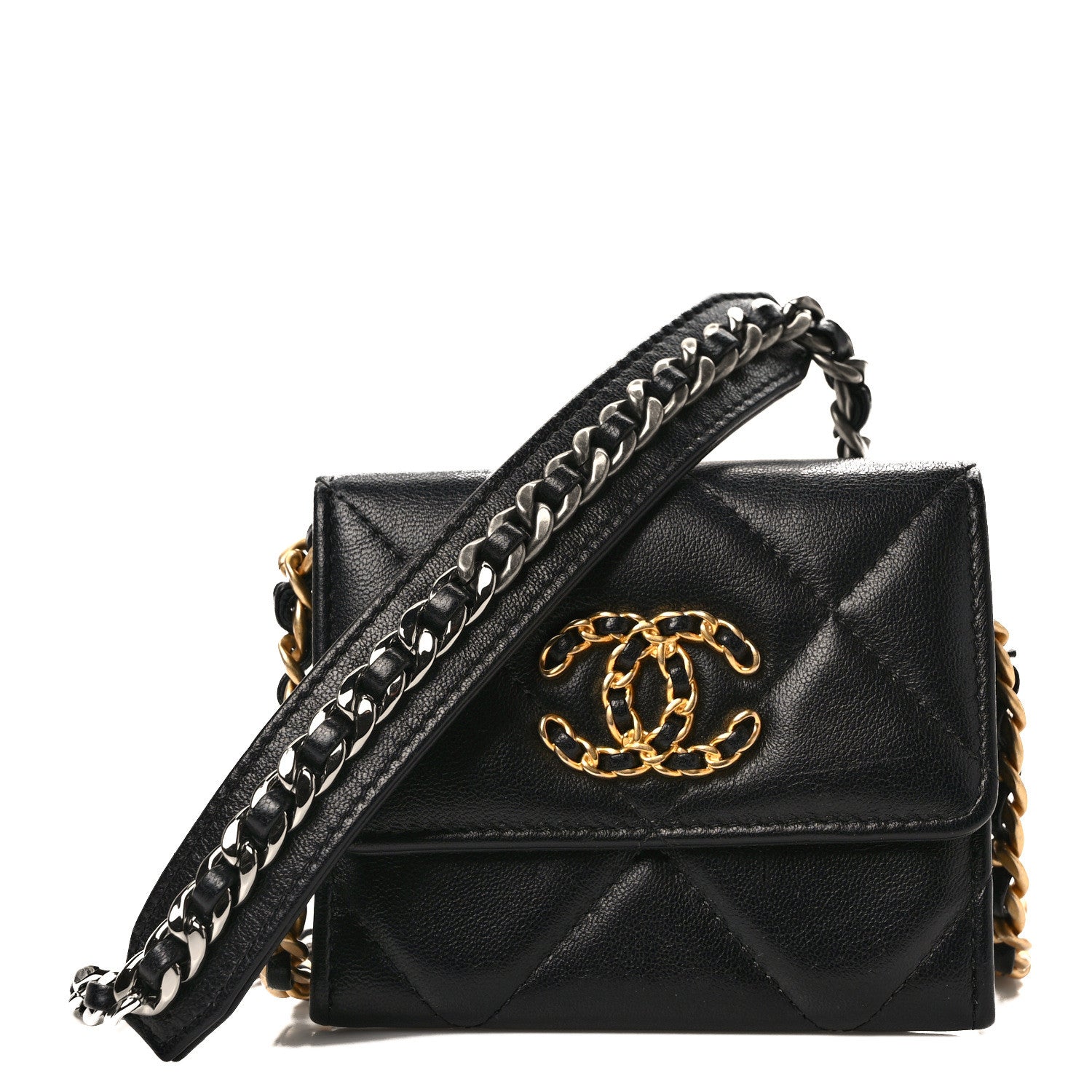Chanel Lambskin Quilted Chanel 19 Flap Coin Purse With Chain Black 1 of 9