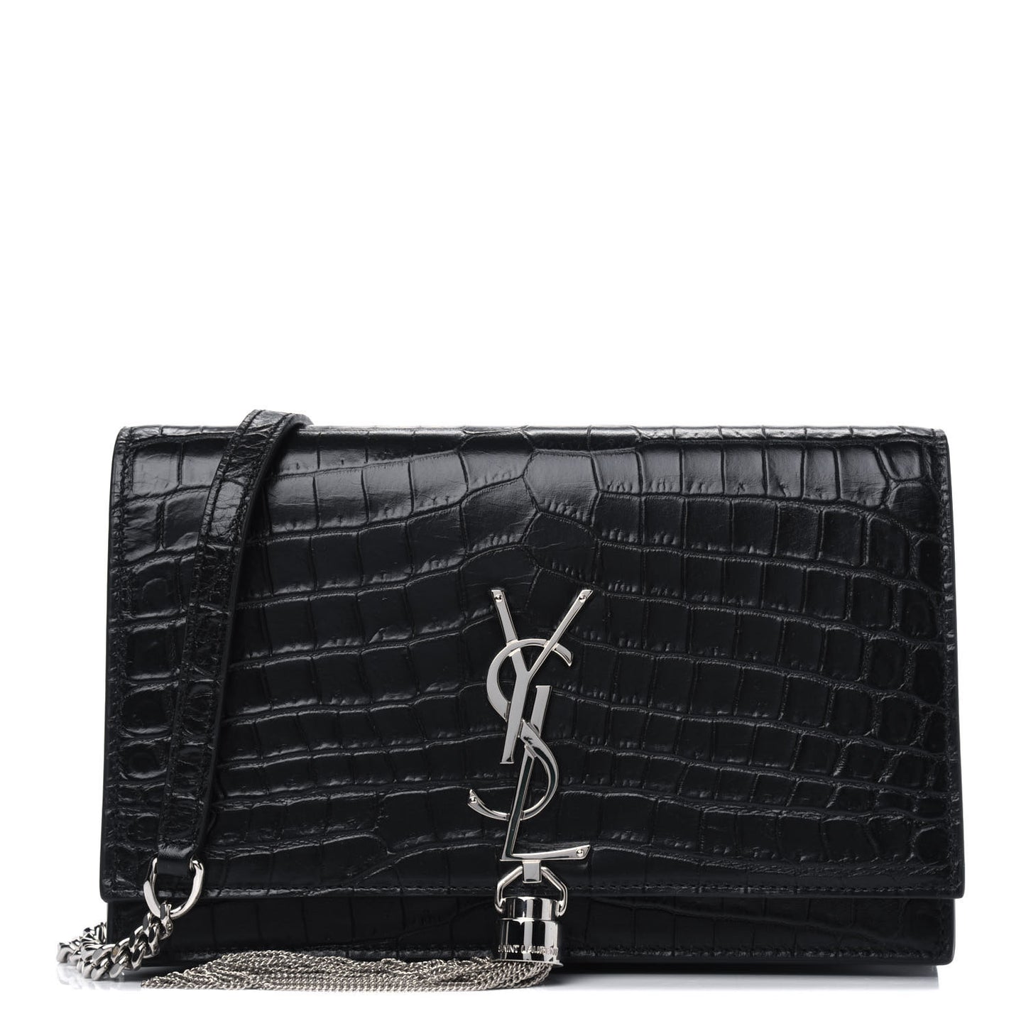 Calfskin Crocodile Embossed Kate Monogram Tassel Chain Wallet Black