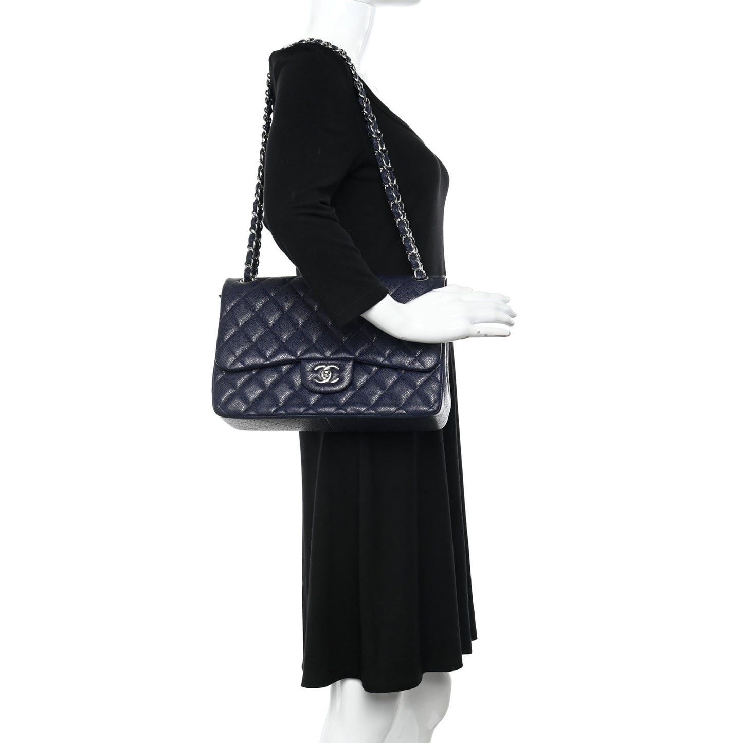 Caviar Quilted Jumbo Double Flap Navy Blue