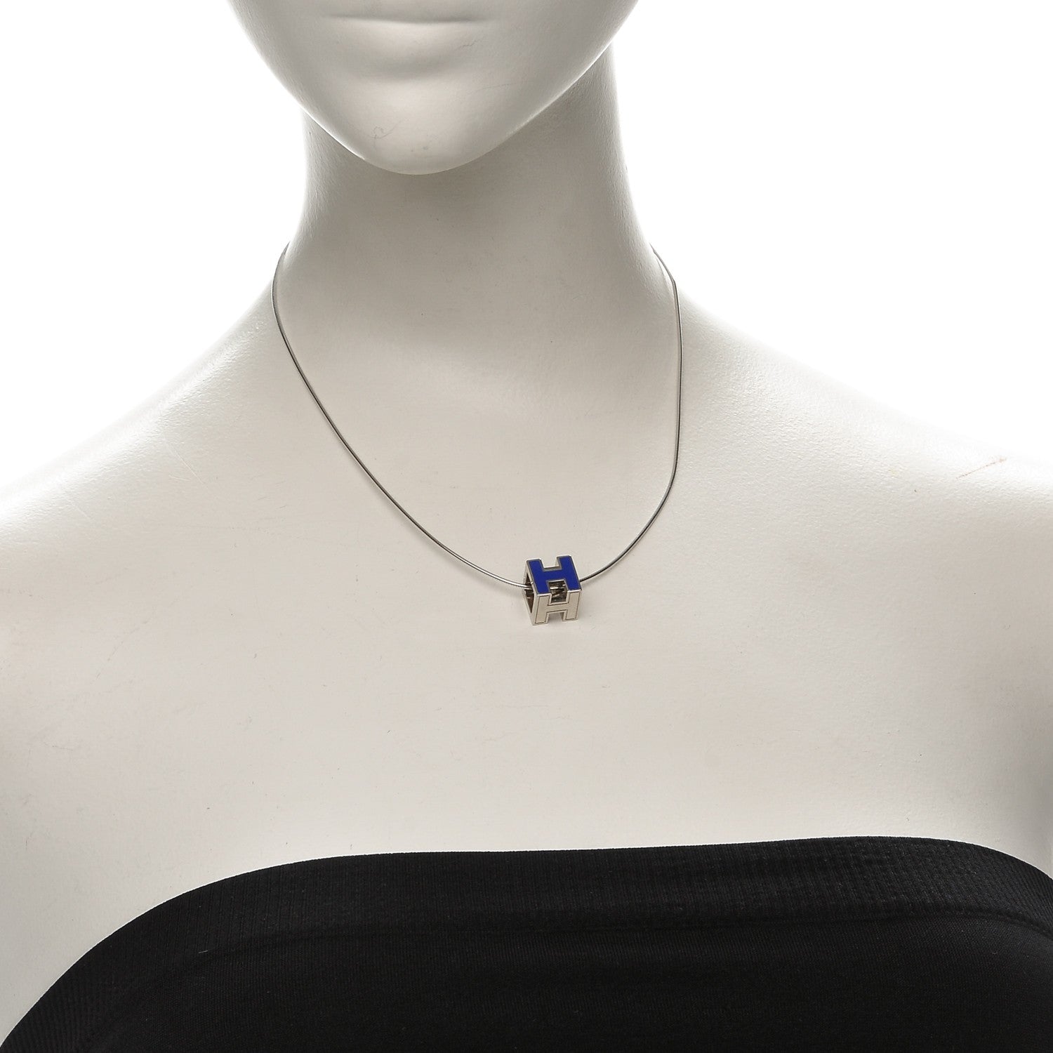 Hermes Lacquered Palladium Cage d'H Pendant Necklace Bleu 2 of 7