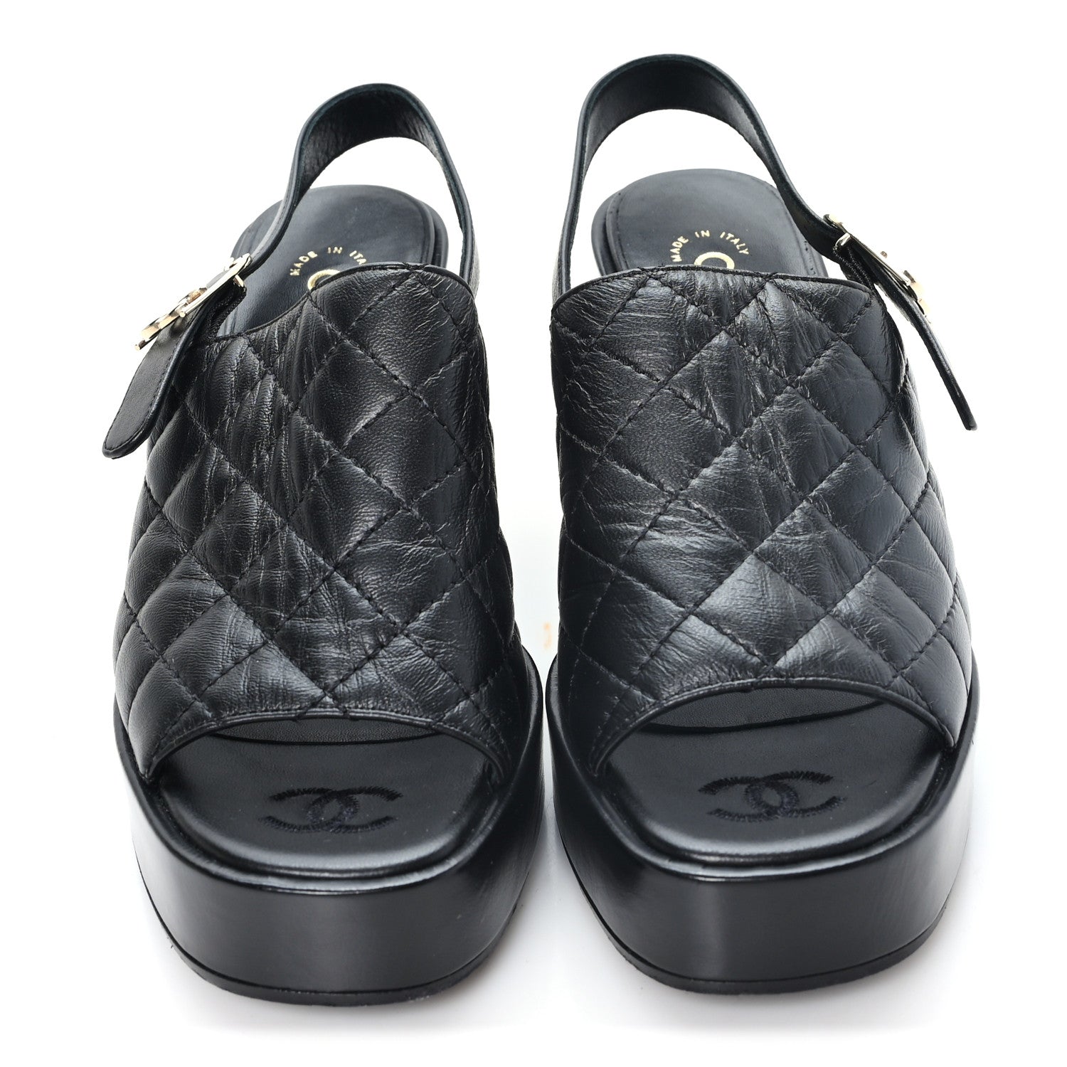 Chanel Lambskin Quilted Peep Toe Wedge Sandals 38 Black 3 of 9
