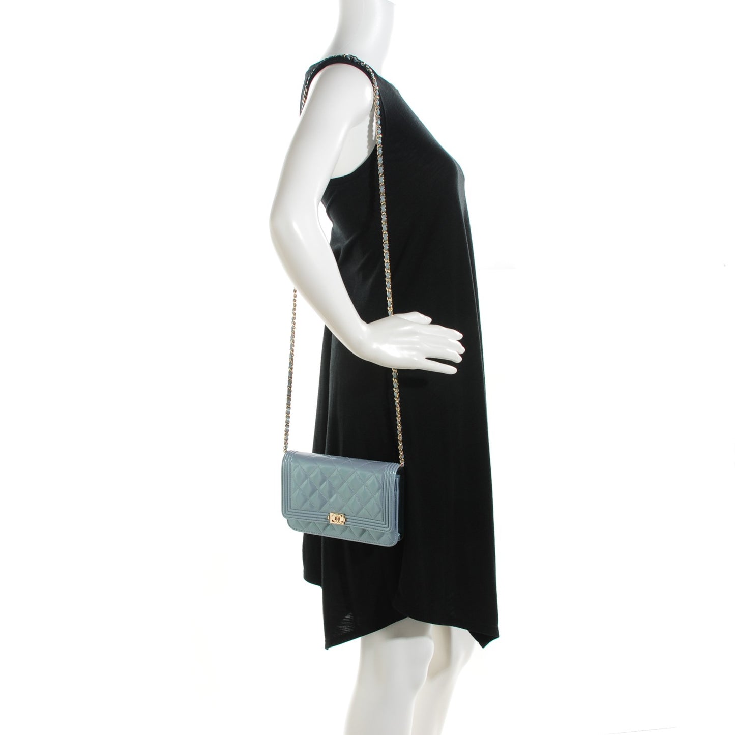 Iridescent Calfskin Quilted Boy Wallet On Chain WOC Light Blue