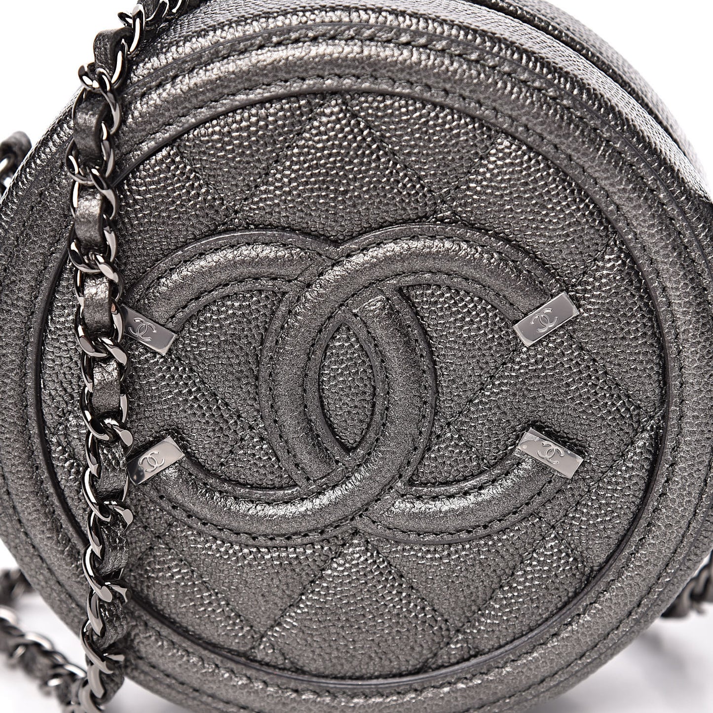 Metallic Caviar Quilted Round Filigree Crossbody Dark Silver