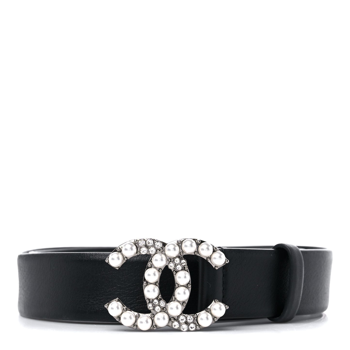 Calfskin Pearl Crystal CC Belt 85 34 Black