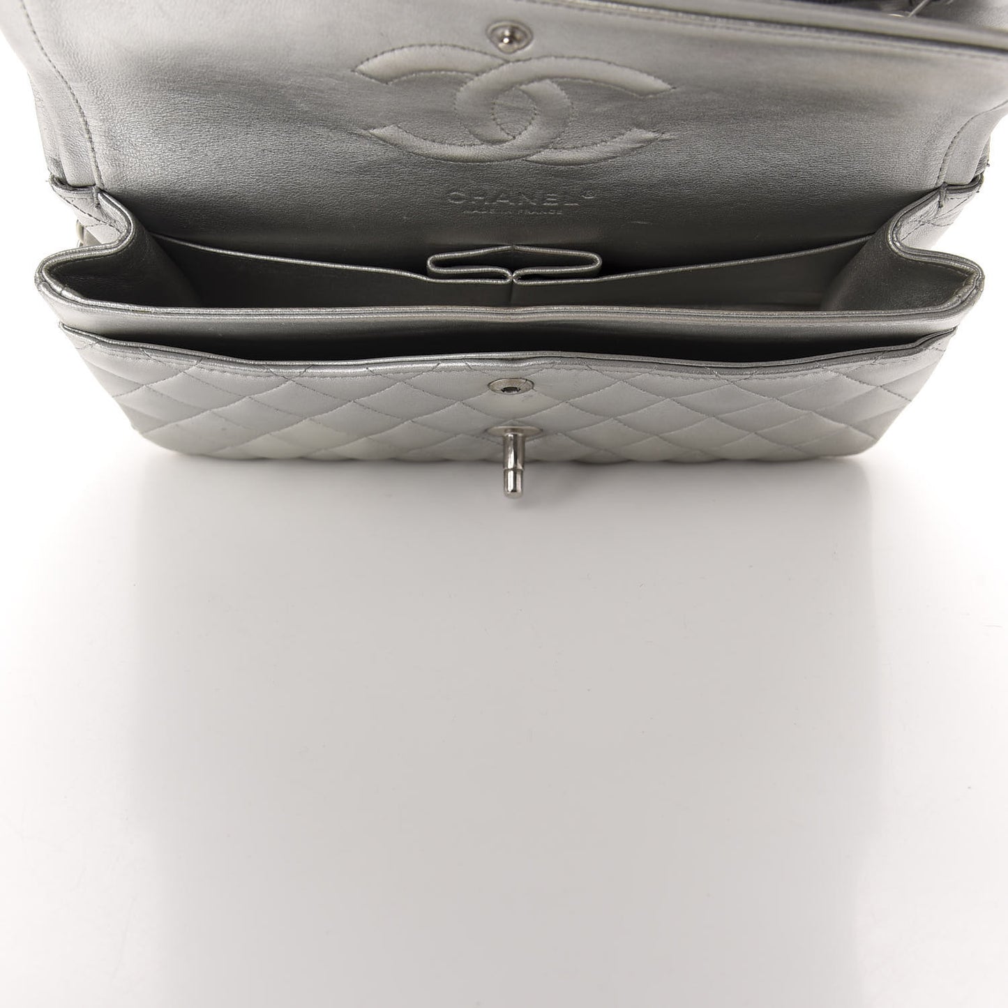 Metallic Lambskin Quilted Medium Double Flap Dark Grey