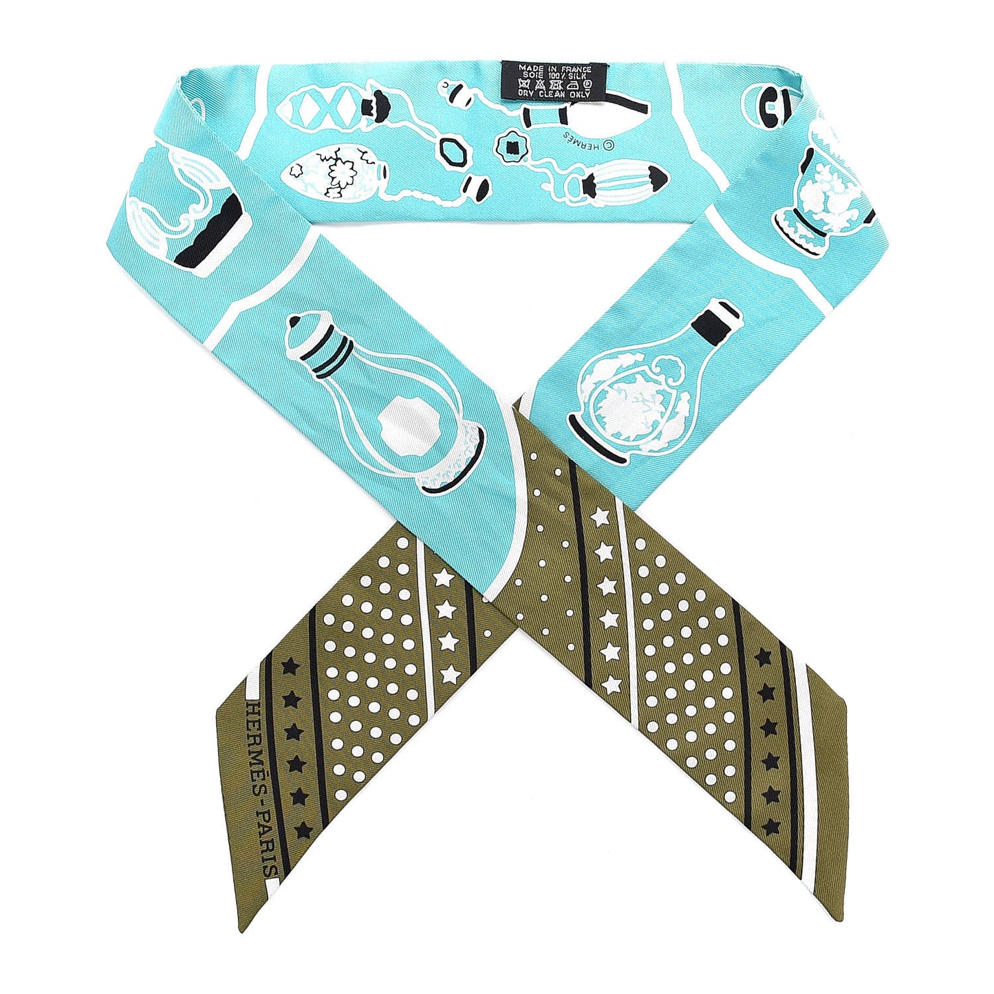 Silk Les Flacons Bandana Twilly Kaki Turquoise Blanc