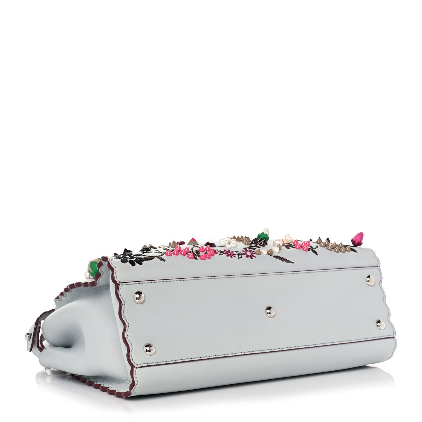 Vitello Seta Shiny Nappa Pearl Scalloped Studded Floral Embroidered Medium Peekaboo Iconic Satchel Grigio Perla Multicolor