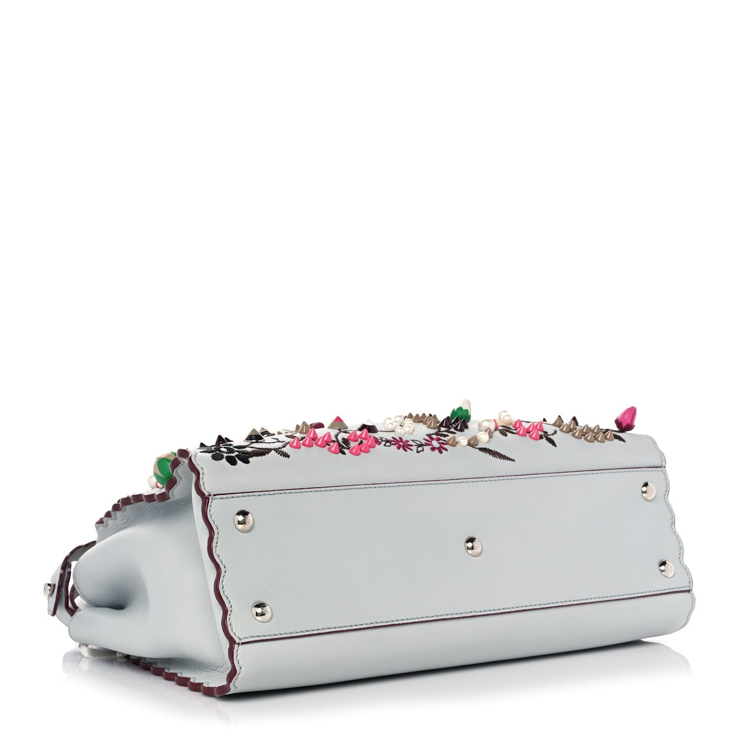Fendi Vitello Seta Shiny Nappa Pearl Scalloped Studded Floral Embroidered Medium Peekaboo Iconic Satchel Grigio Perla Multicolor 4 of 18