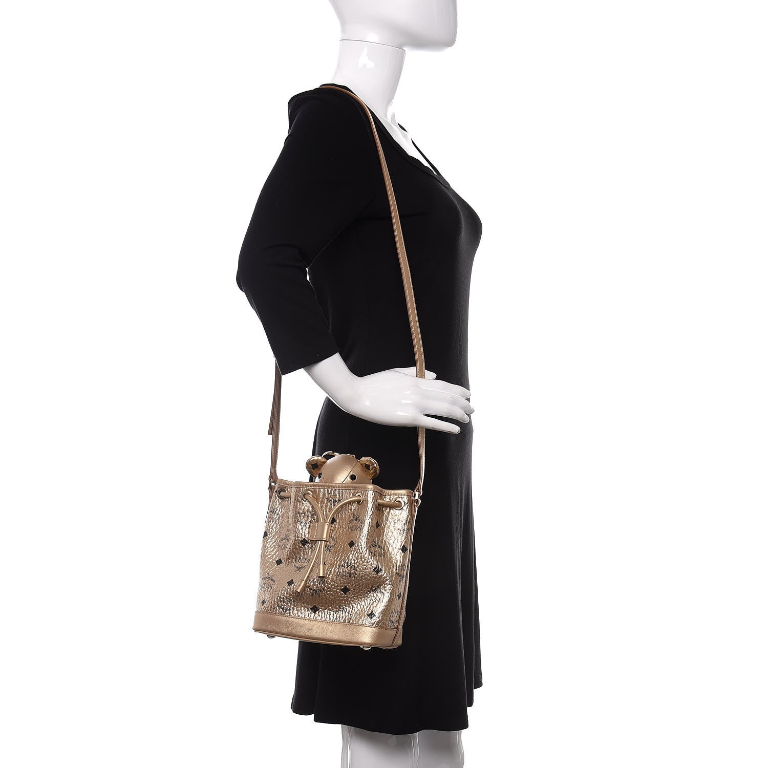 MCM Metallic Visetos Zoo Bear Drawstring Bucket Bag Gold 2 of 13