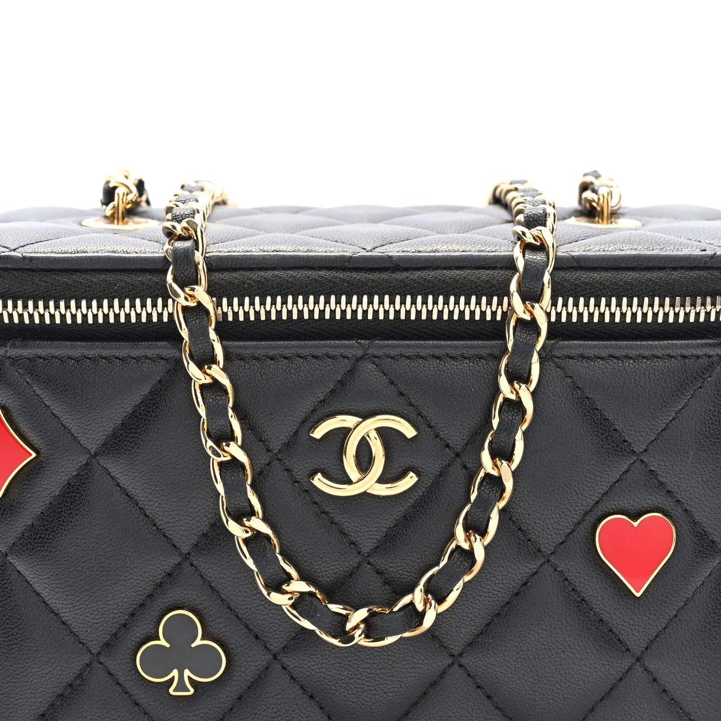 Lambskin Quilted Enamel Coco Casino Small Vanity Case With Chain Black