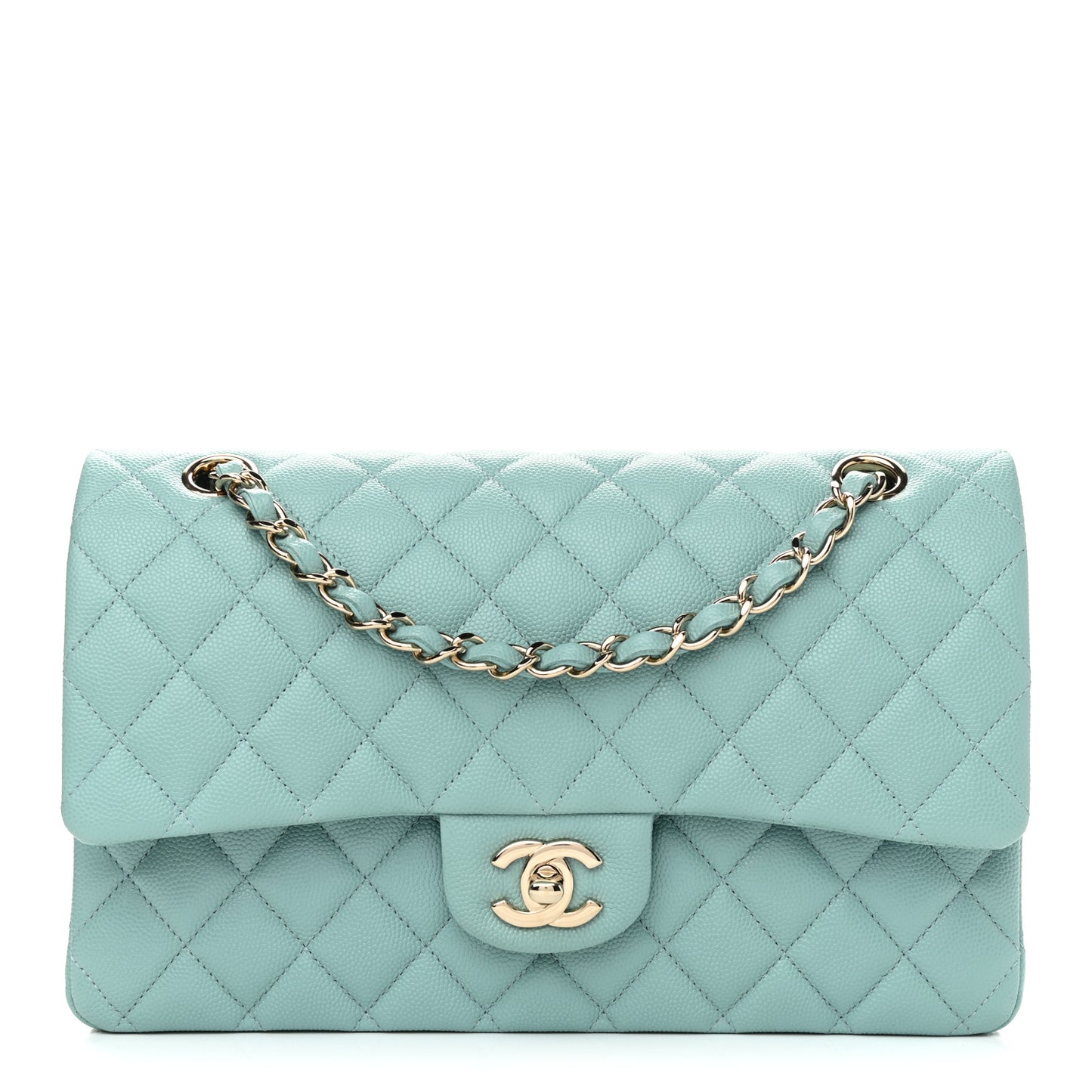 Caviar Quilted Medium Double Flap Light Blue