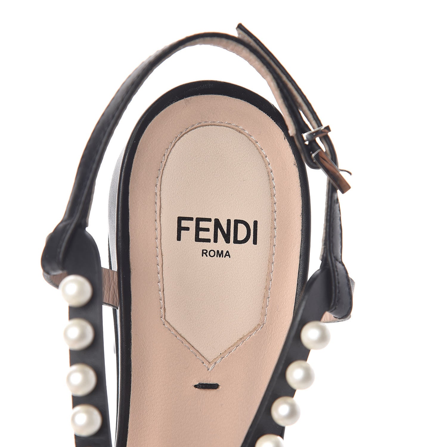 Fendi Calfskin Faux Pearl Embellished Bow Ankle Strap Heel 37 Black 8 of 8