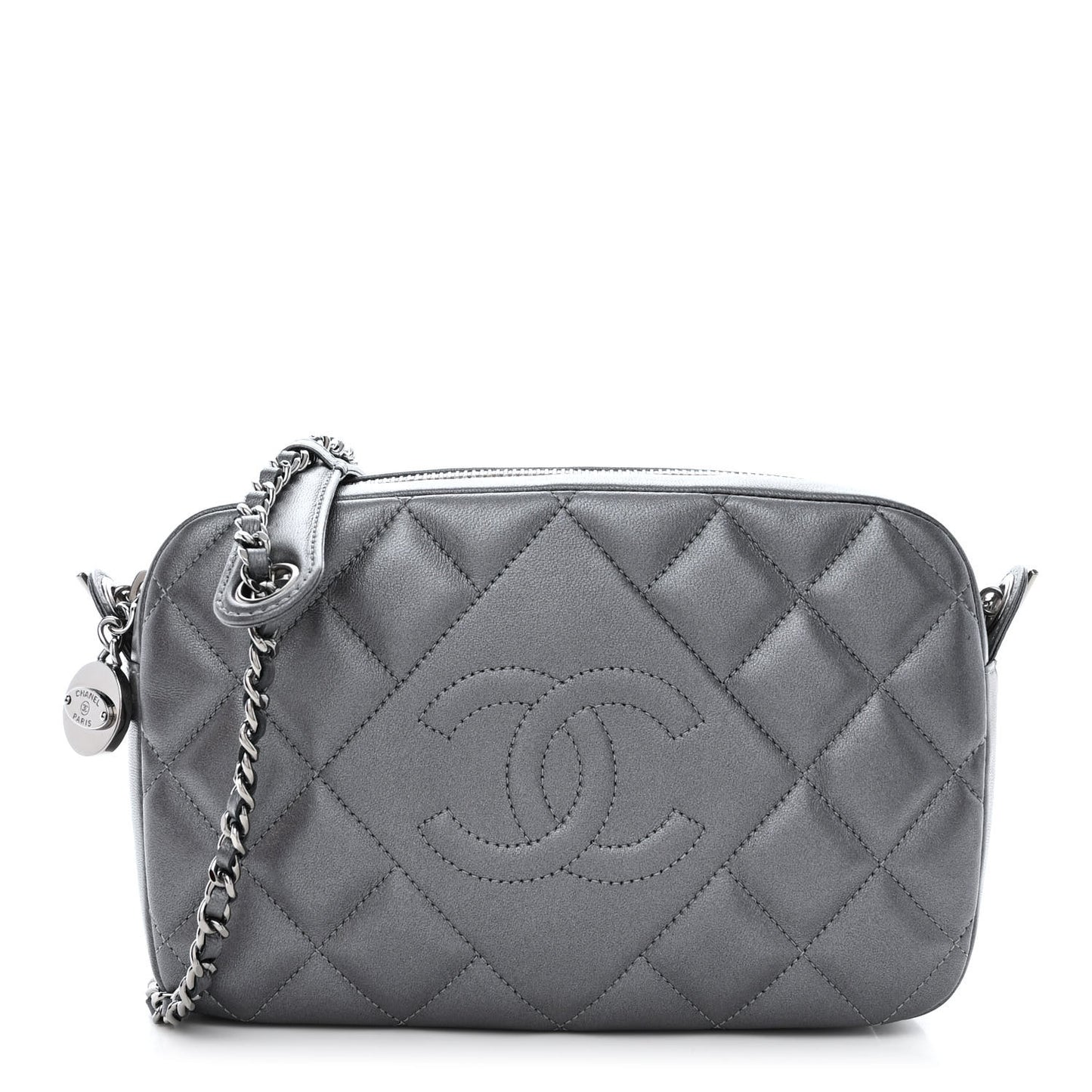 Metallic Lambskin Quilted Small Diamond CC Camera Case Dark Silver